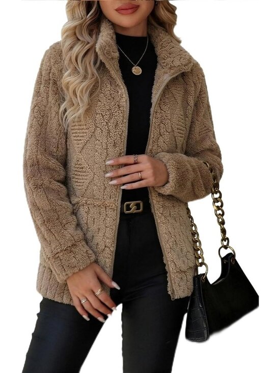 Jackets & Blazers - Women's Diamond Khaki Zip Stand Collar Fleece Sherpa Pockets long sleeve Jacket